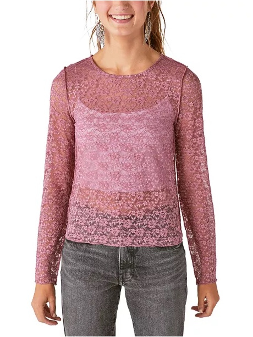 Lucky Brand Lace Crew Neck Long Sleeve Boho Layer Top size XL Mauve Pink